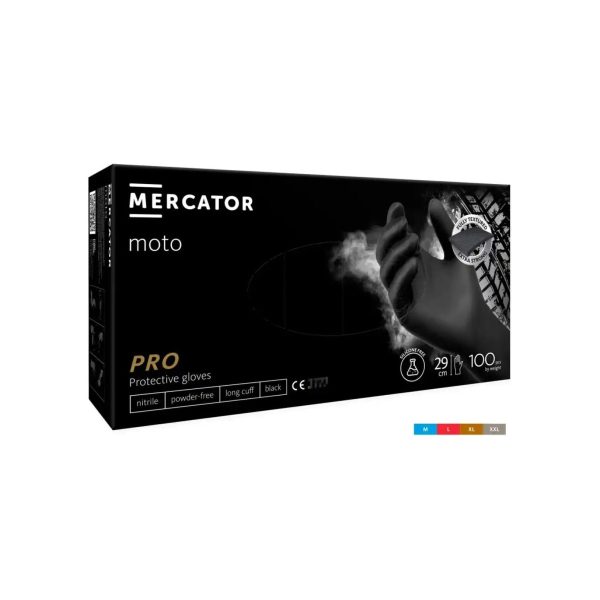 MERCATOR moto black — nitrila cimdi ar pagarinātu aproci, bez pūdera, melni, N100
